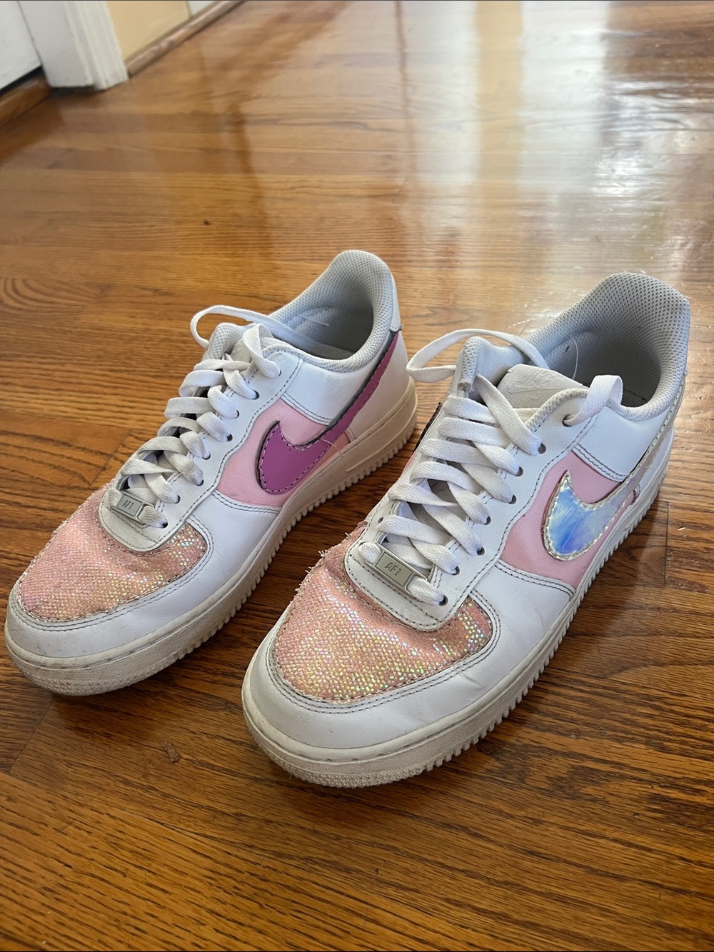 Nike Air Force 1 custom pink glitter iridescent hand painted women’s 9